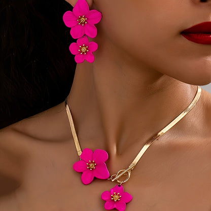 Elegant Alloy Floral Pendant Necklace Earrings Set - Fashion Jewelry