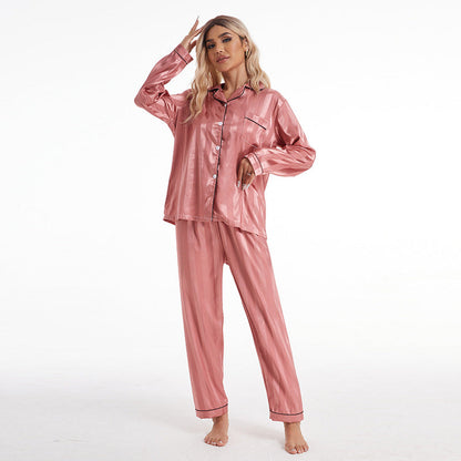 Ensemble de pyjama à rayures épaisses en imitation soie pour femme, simple et décontracté