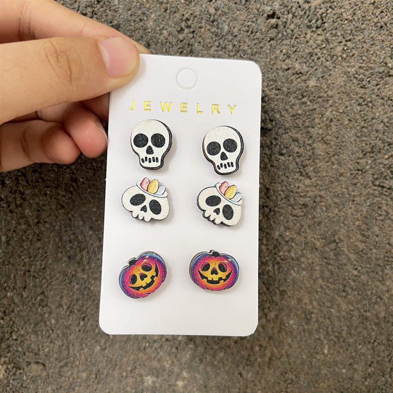 Halloween Women Wooden Earrings Set with Pumpkins Bats Ghosts