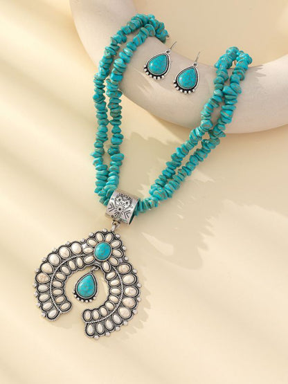 Conjunto de pendientes y collar con colgante geométrico para mujer - Joyería retro floral turquesa