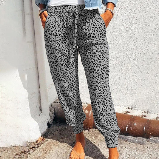 Pantalones holgados con cordones y estampado de leopardo para mujer