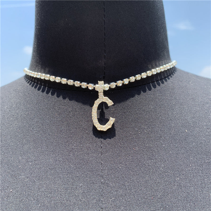 Women Rhinestone Alphabet Necklace