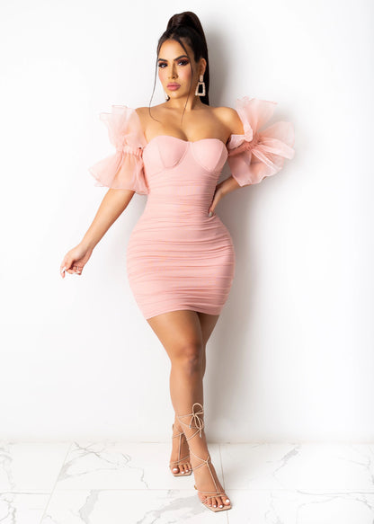 Women Fashion Sexy Elegant Irregular Mesh-Sleeves Dress