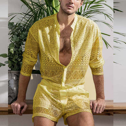 Ensemble deux pièces décontracté à manches longues et chemisier creux en coton pour homme