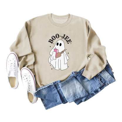 Sweat-shirt ras du cou imprimé fantôme de dessin animé pour femme Halloween