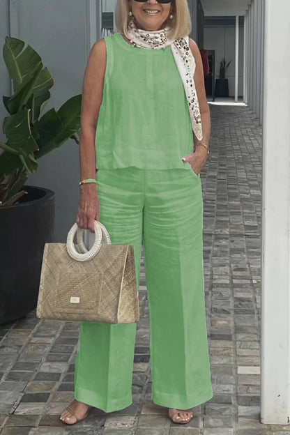 Women Summer Cotton Linen Sleeveless Plus Size Set