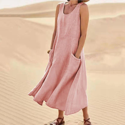 Robe d'été décontractée en lin de couleur unie pour femme