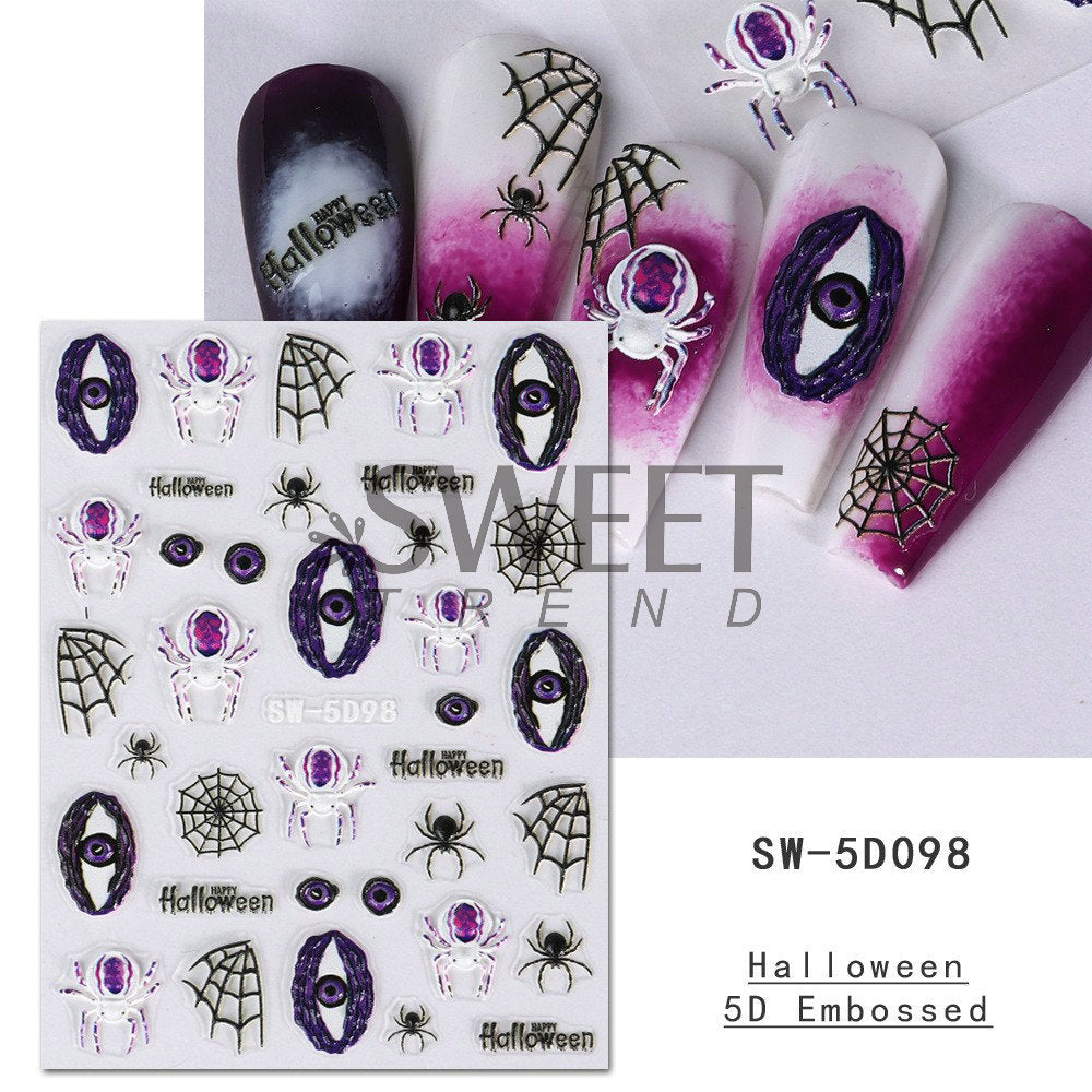 Autocollants pour ongles 5D en relief pour femmes, motif tête de mort, araignée, os, citrouille, Halloween