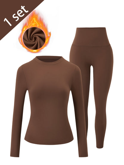Winter Fleece-Lined Women'S Yoga Solid Color Two-Piece Set