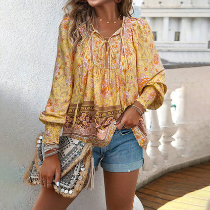 Women Fashion Boho Vacation Printed V-Neck Long-Sleeve Lace-Up Blouse