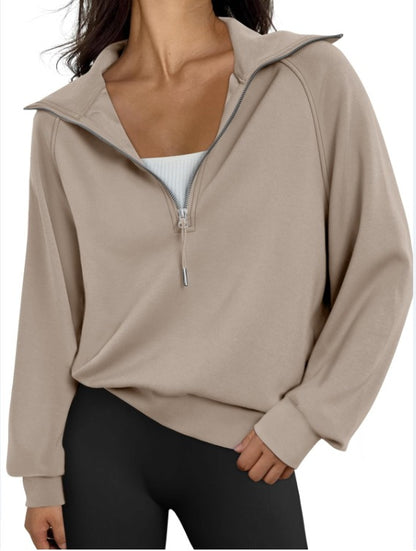 Women Half Zipper Fleece-Lined Solid Color Sweatshirt
