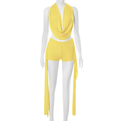 Conjunto de dos piezas de top y shorts de color liso para mujer - Poliéster y elastano