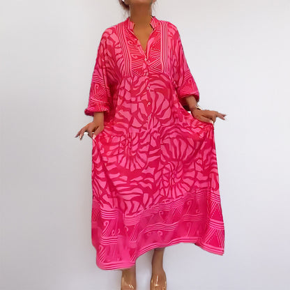 Vestido informal de talla grande con cuello en V y manga larga para mujer