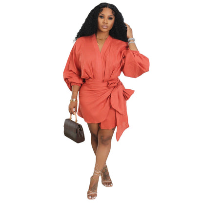 Robe mi-longue en lin à col en V et manches bouffantes pour femme