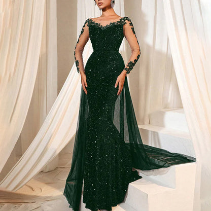 Women Fashion Elegant Solid Color Lace Sequins Long Sleeve Party Dress