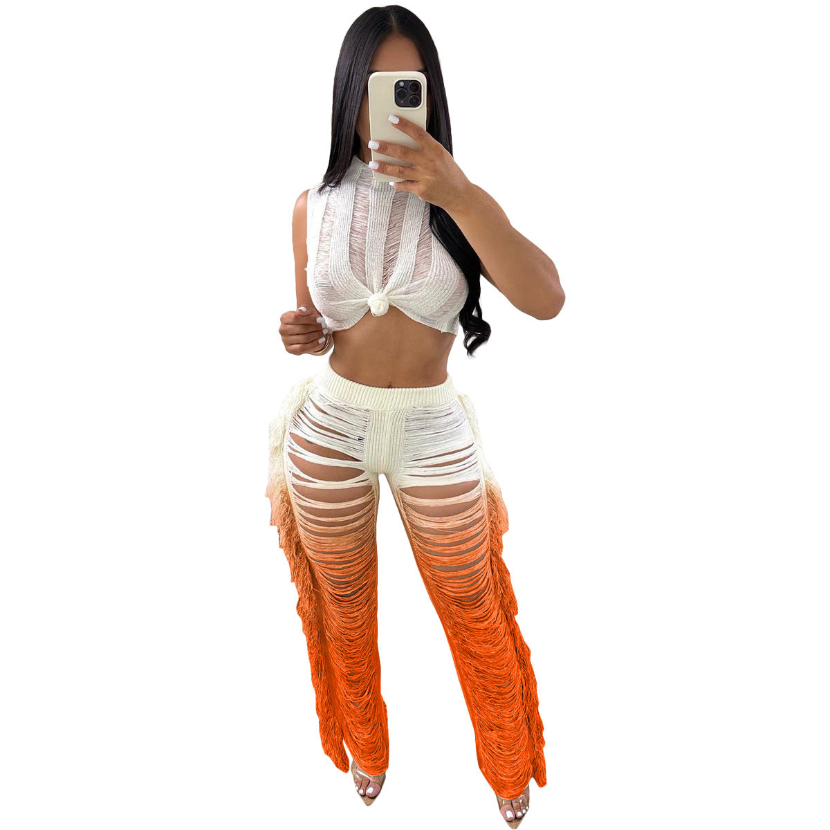 Women Fashion Sexy Contrast Color Hollow-Out Crop Top and Tassel Pants Two-Piece Set