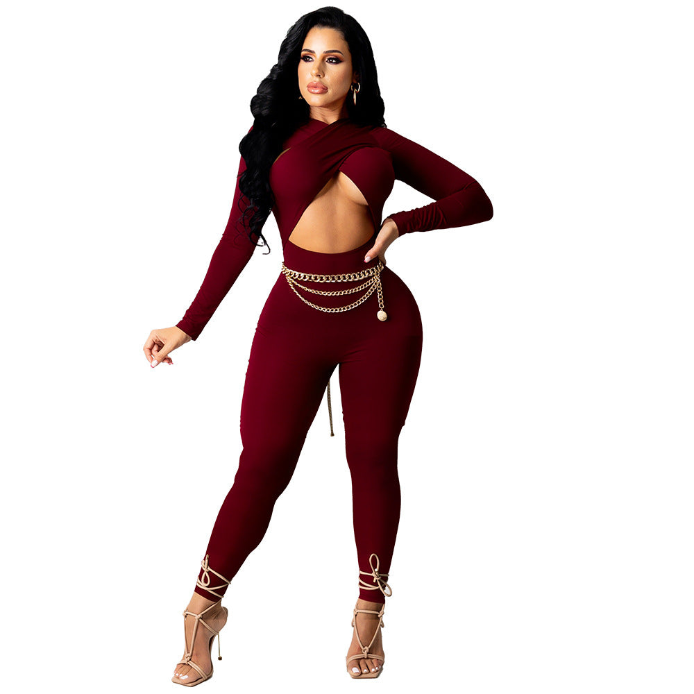 Women Fashion Sexy Solid Color Cross Strap Jumpsuits
