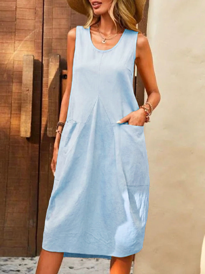 Vestido informal de lino y algodón de color liso sin mangas para mujer