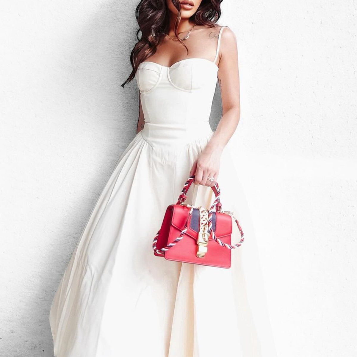 Women V-Neck Spaghetti Strap Backless Dress Solid Color Short Skirt