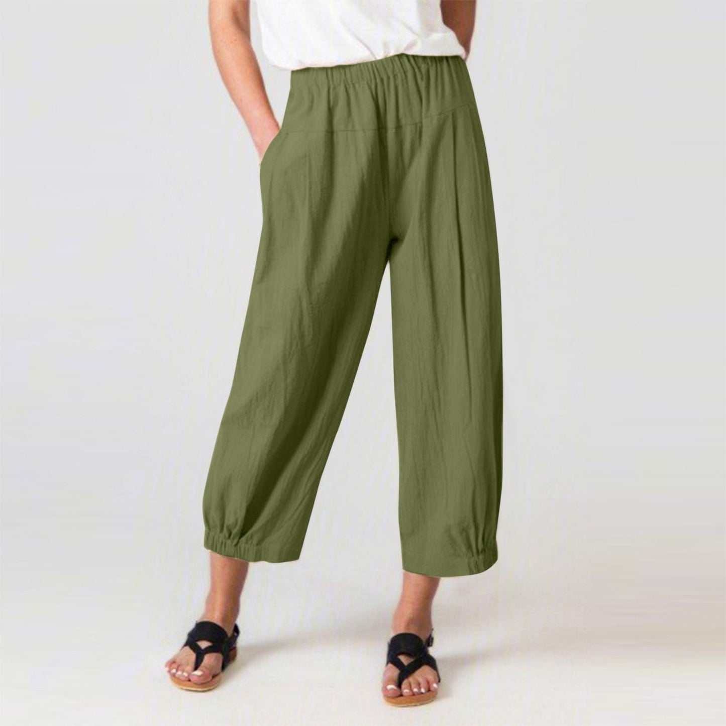 Women Casual Loose High Waist Cotton Linen Cropped Pants