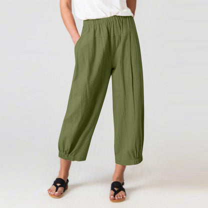 Women Casual Loose High Waist Cotton Linen Cropped Pants