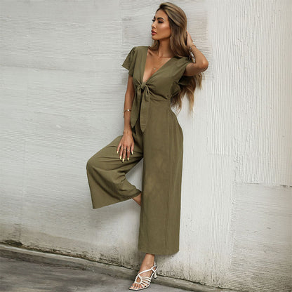 Mono informal de verano de algodón y lino con pierna ancha para mujer