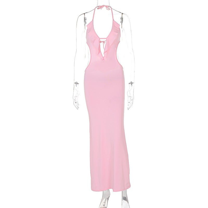 Women Fashion Sexy Solid Color Ruffled Dress