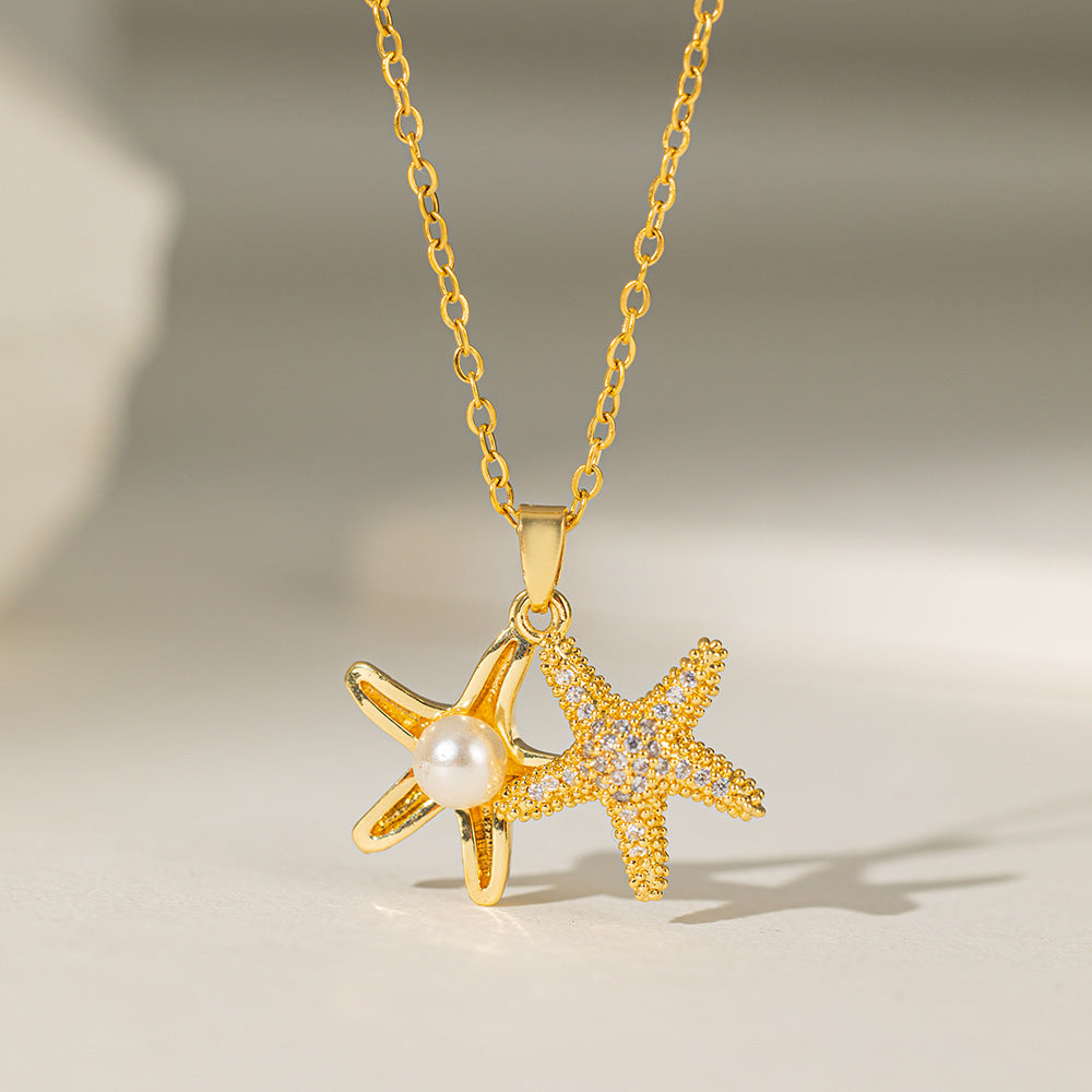 Collar de estrella de mar con perla y circonita para mujer con colgante de cobre