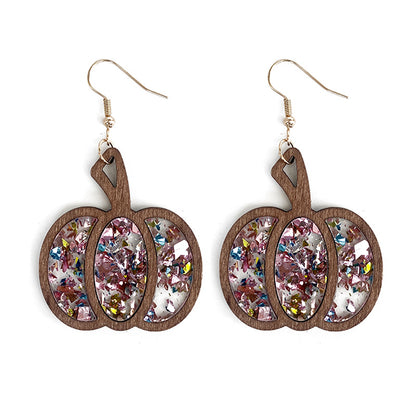Pendientes de madera con forma de calabaza y purpurina para Halloween para mujer