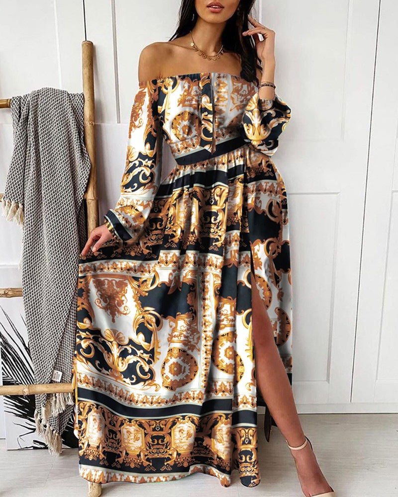 Women Fashion Boho Style Floral Printed Off-Shoulder Maxi Dress