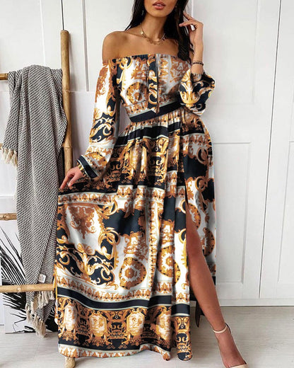 Women Fashion Boho Style Floral Printed Off-Shoulder Maxi Dress