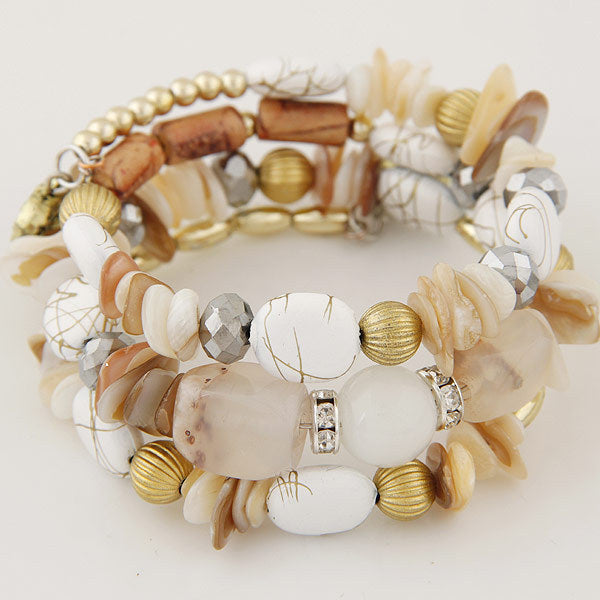Women Fashion Boho Handmade Wooden Beaded Shell Gravel Crystal Multilayer Bracelet