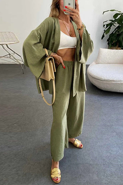 Women Fashion Casual Cotton Linen Cardigan Set