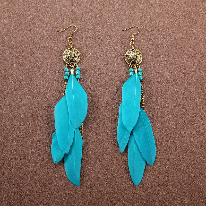 Boucles d'oreilles à pompons et plumes de style ethnique bohème rétro