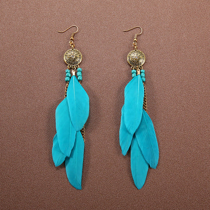 Boucles d'oreilles à pompons et plumes de style ethnique bohème rétro