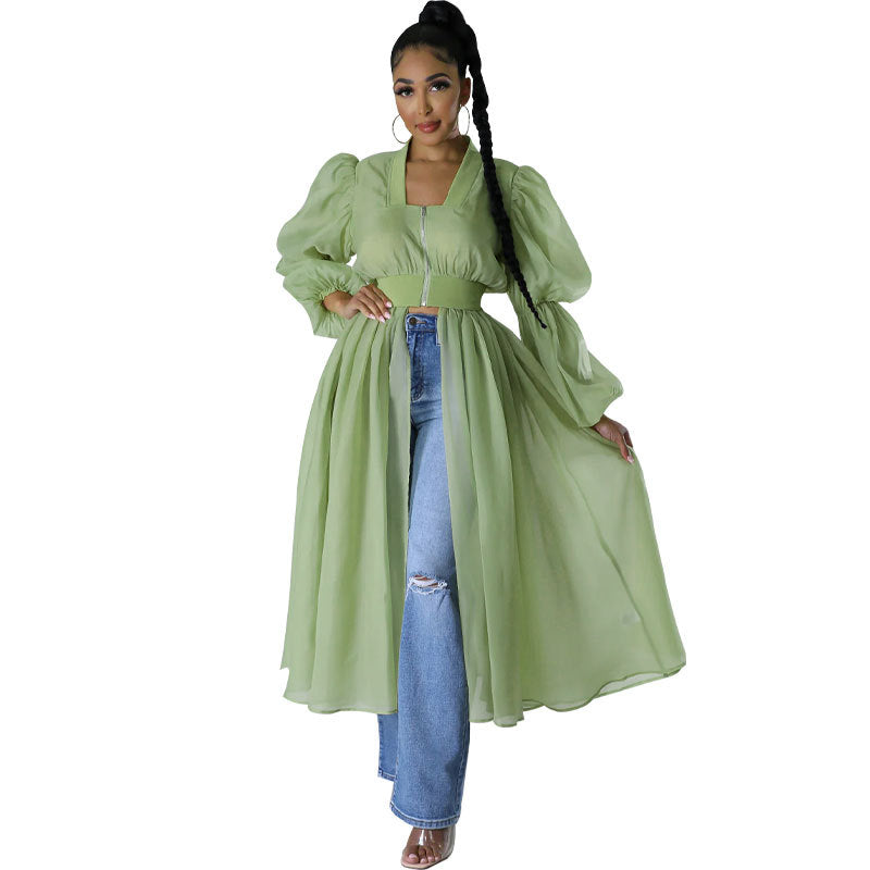 Vestido de malla de manga larga de color liso a la moda para mujer