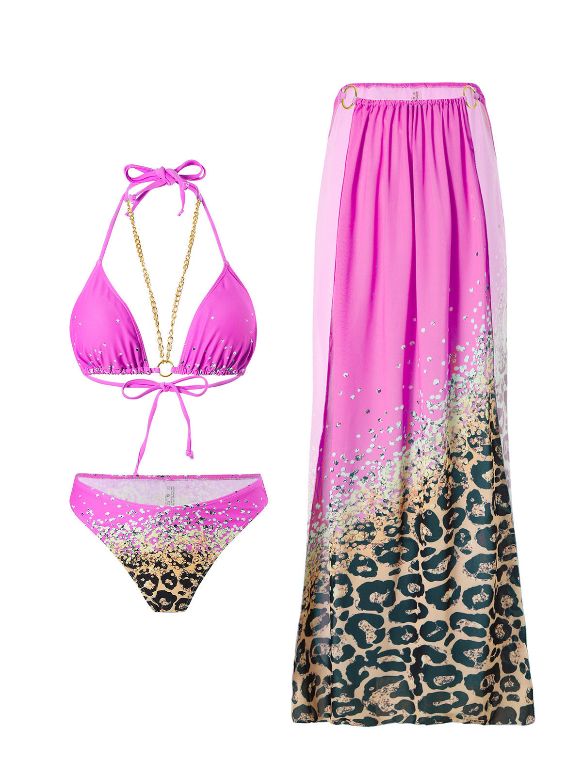 Conjunto de bikini de tres piezas con cadena y estampado de leopardo sexy para mujer