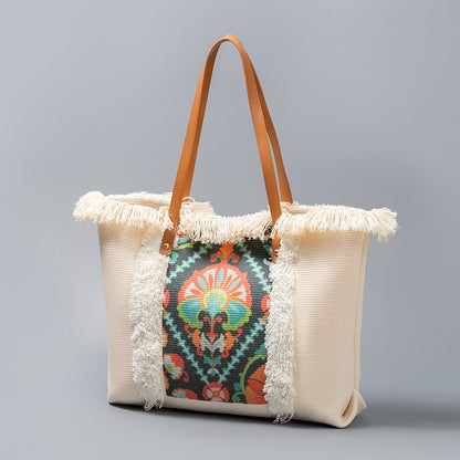 Bolso tote de lona con borlas de gran capacidad estilo bohemio