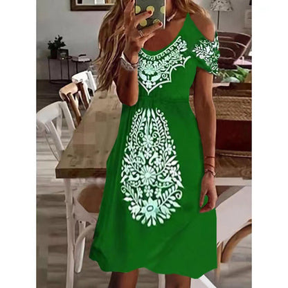 Vestido midi informal plisado con hombros descubiertos estilo bohemio para mujer