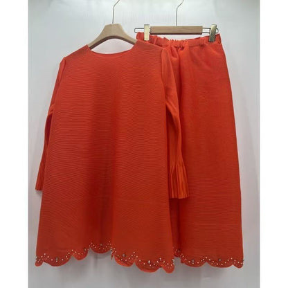 African Women Pleated Solid Color Beaded Casual Set