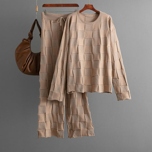 Women Casual Solid Color Square Plaid Sweater and Pants Set