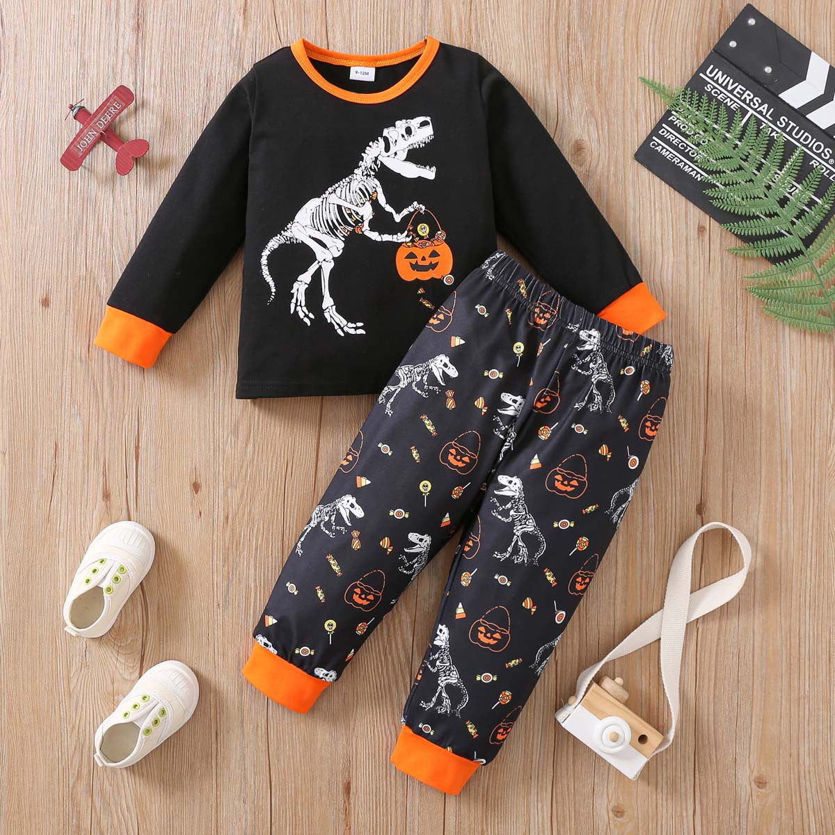 Kids Toddler Boys Halloween Pumpkin Print Long Sleeve Sweatshirt and Pants Set