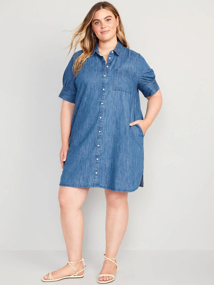 Vestido informal sencillo de manga corta con solapa para mujer