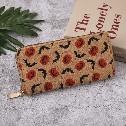Monederos con cremallera multicapa con estampado de calabaza y murciélago de Halloween para mujer