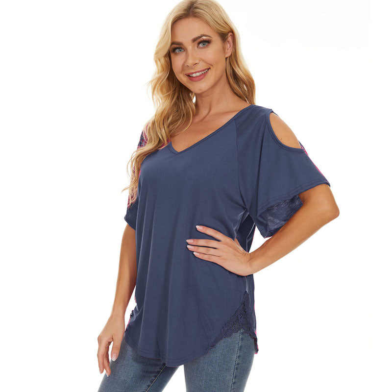 Camiseta informal holgada de manga corta con cuello en V para mujer