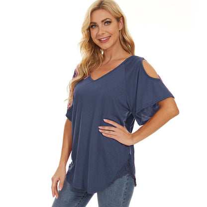 Camiseta informal holgada de manga corta con cuello en V para mujer