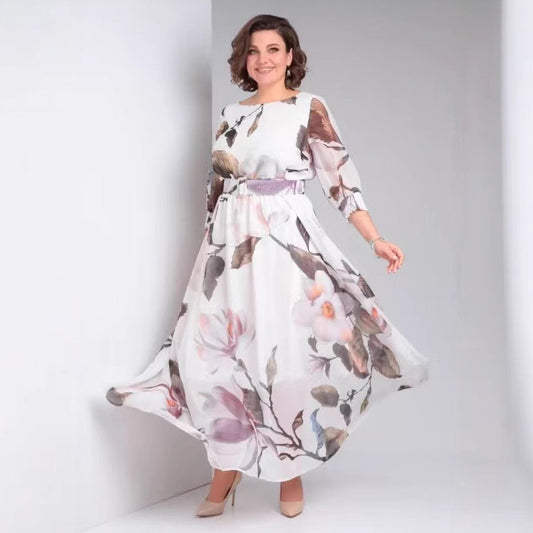 Women Fashion Casual Floral Printed Long Sleeve Loose Dress in Polyester