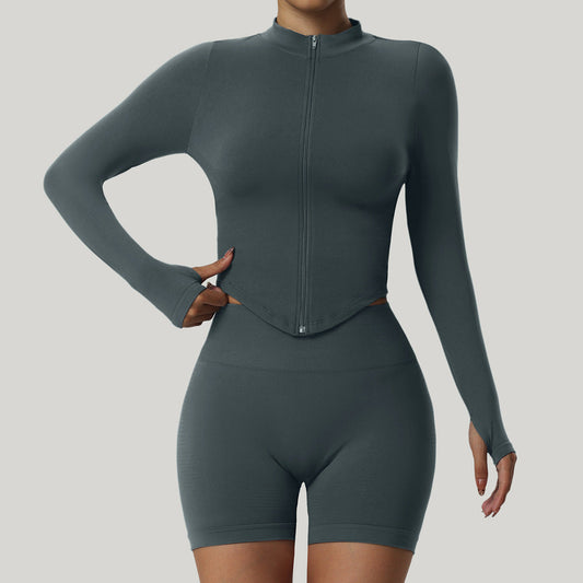 Top informal con cremallera y cuello vertical de color liso para mujer