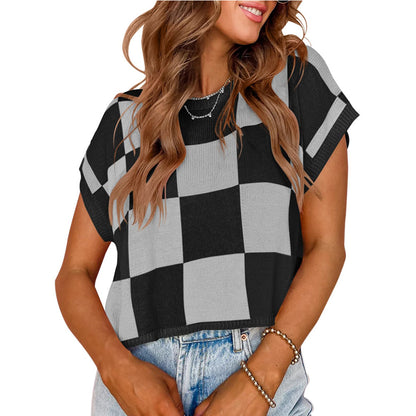 Top de punto con cuello redondo y bloques de color informales para mujer