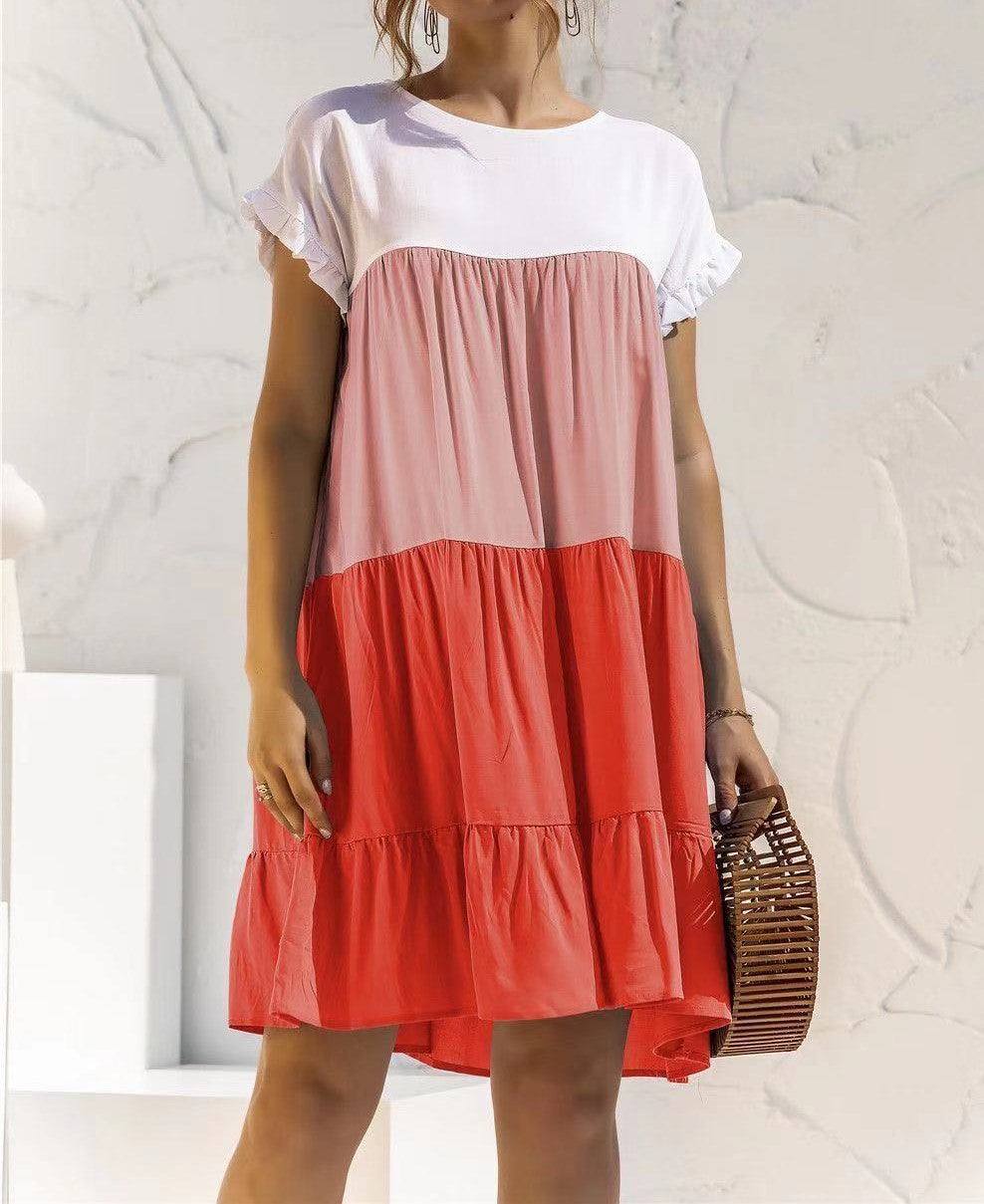 Women Fashion Casual Color Block Round Neck Dress